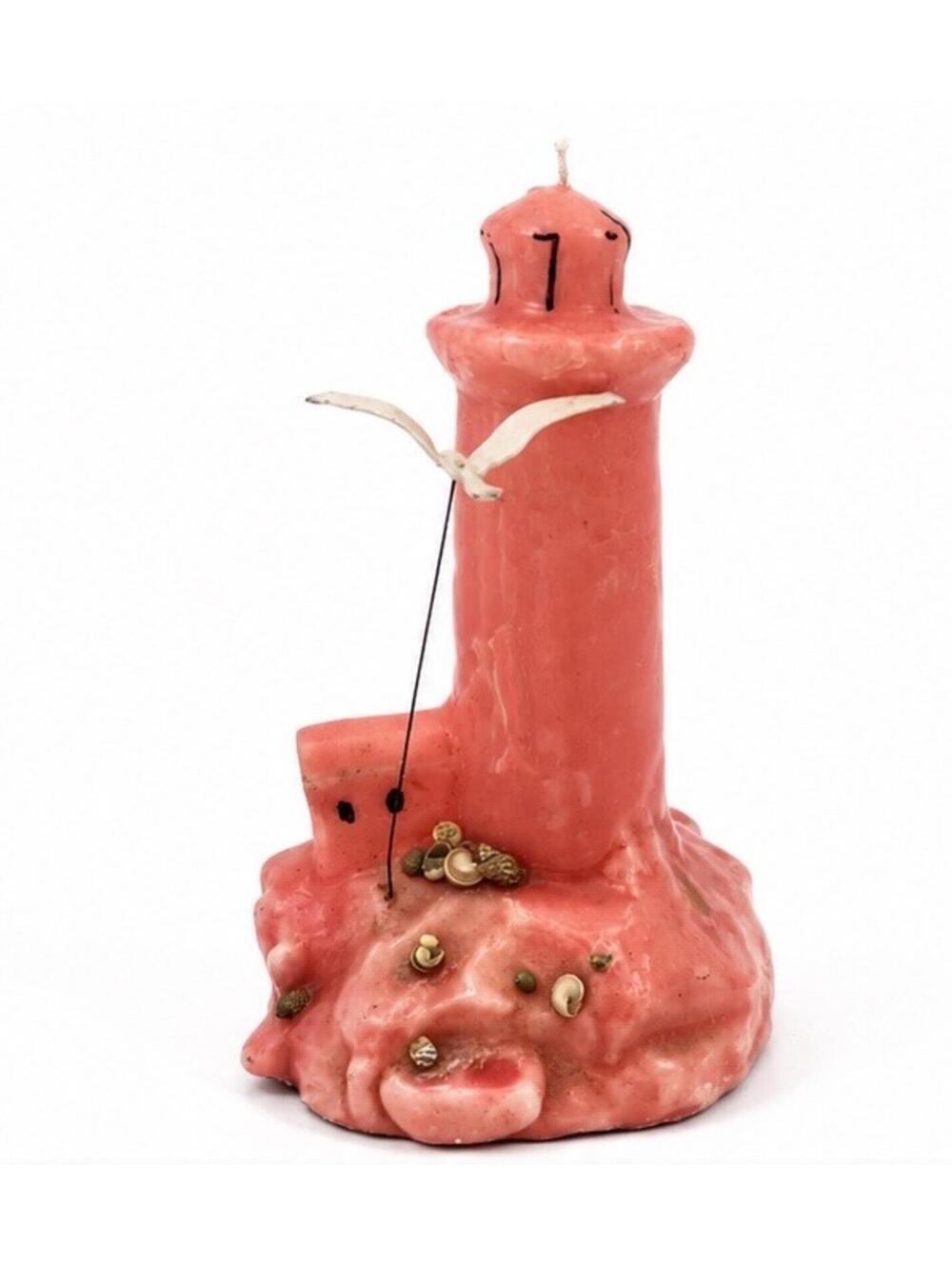 Vintage Pink Lighthouse Seashell Candle Sculpture Seagull Ocean Beach Decor